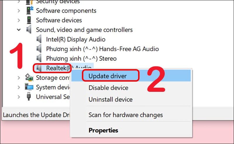 Chọn Update driver để cập nhật